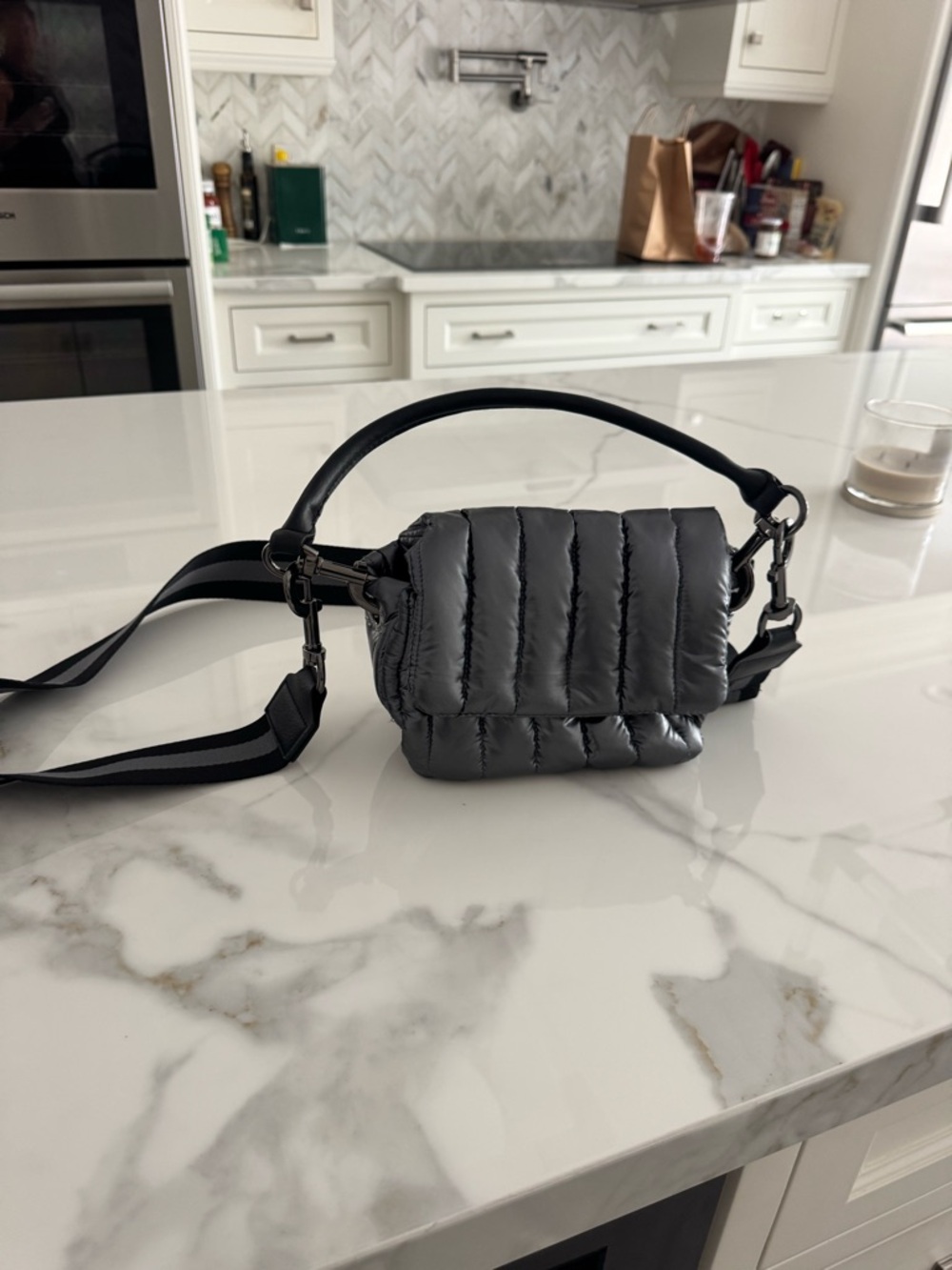 THINK ROLYN Petite Bar bag shiny pewter with stripe strap and detachable chain